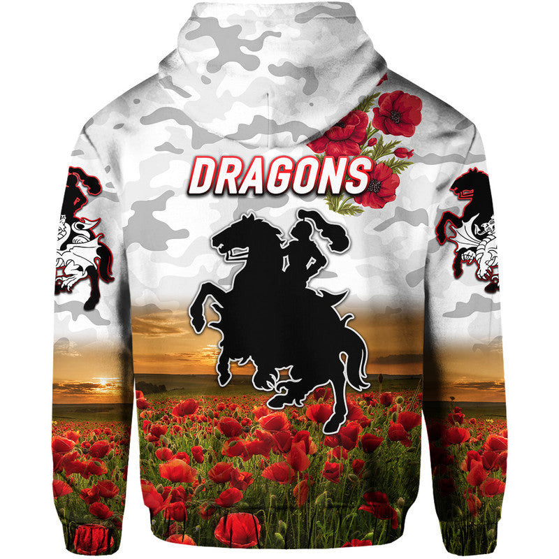 St. George Illawarra Dragons ANZAC 2022 Zip Up And Pullover Hoodie Poppy Flowers Vibes - White LT8