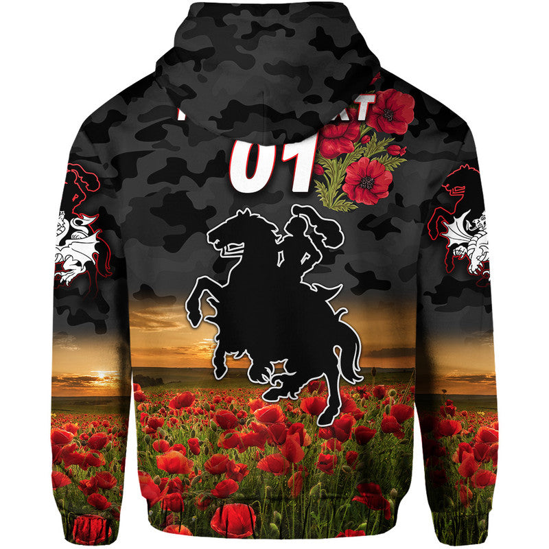 (Custom Personalised) St. George Illawarra Dragons ANZAC 2022 Zip Up And Pullover Hoodie Poppy Flowers Vibes - Black LT8