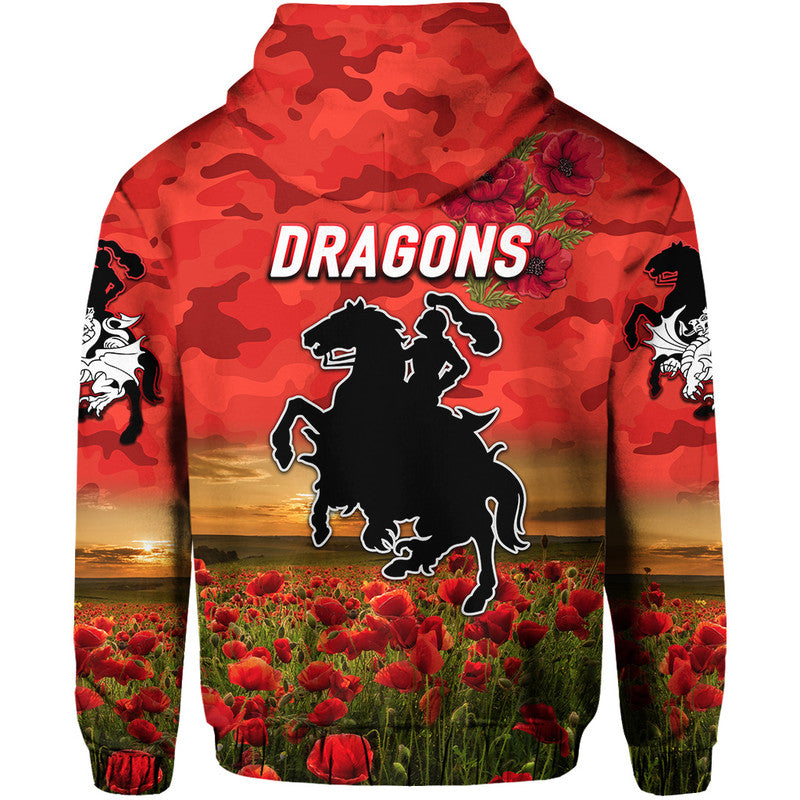 St. George Illawarra Dragons ANZAC 2022 Zip Up And Pullover Hoodie Poppy Flowers Vibes - Red LT8