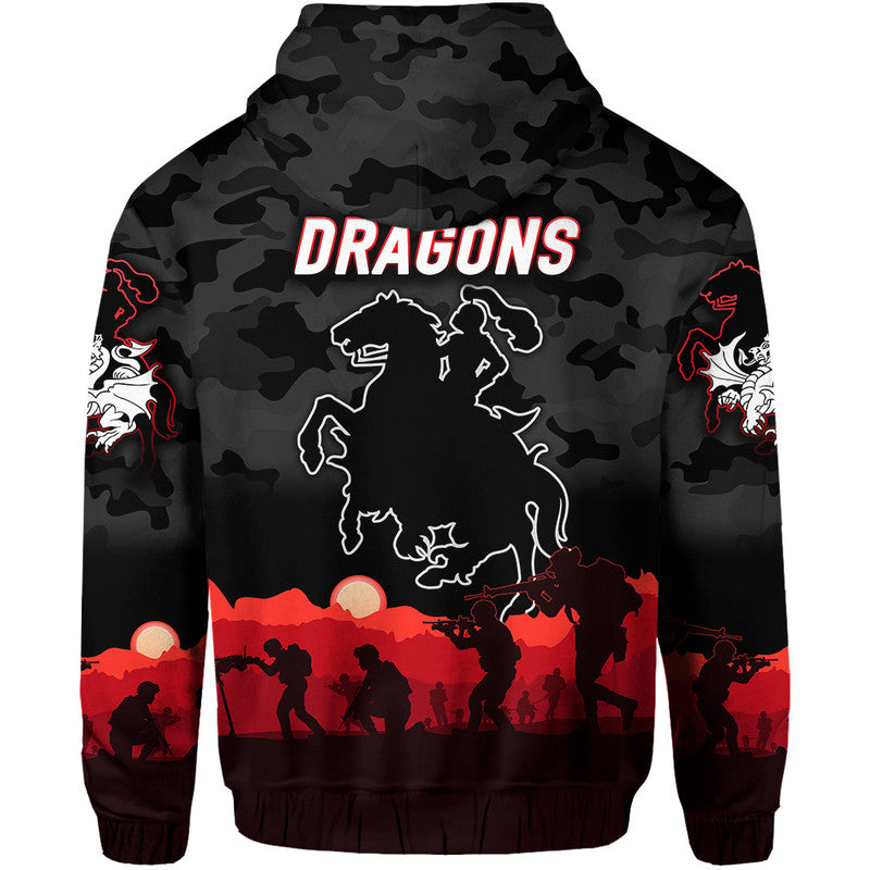 St. George Illawarra Dragons ANZAC 2022 Zip Up And Pullover Hoodie Simple Style - Black LT8