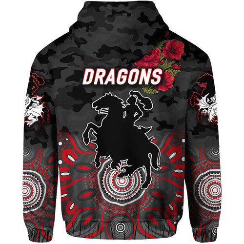 St. George Illawarra Dragons ANZAC 2022 Zip Up And Pullover Hoodie Indigenous Vibes - Black LT8