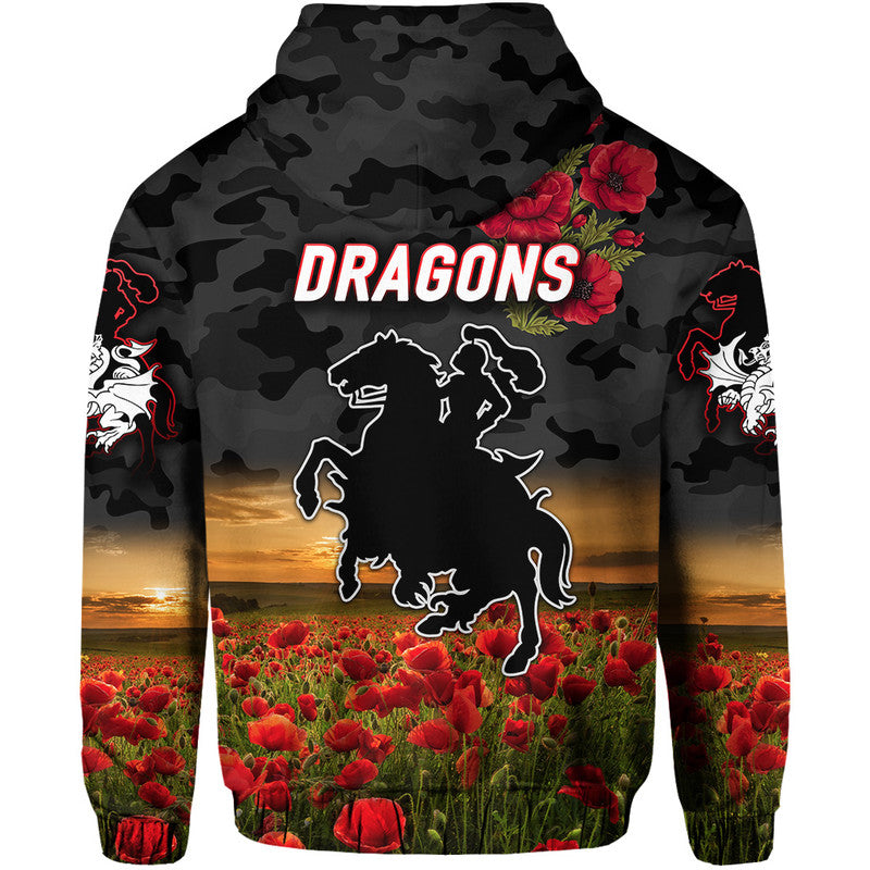 St. George Illawarra Dragons ANZAC 2022 Zip Up And Pullover Hoodie Poppy Flowers Vibes - Black LT8