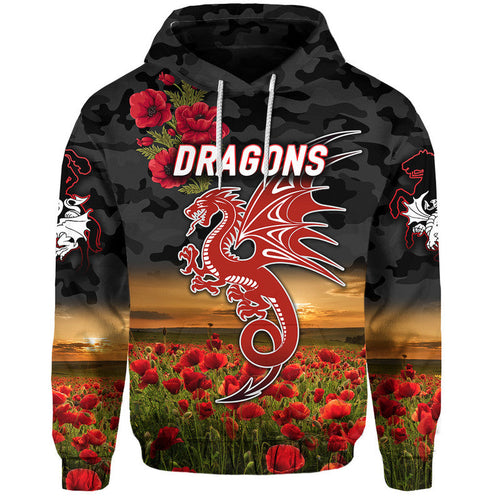 St. George Illawarra Dragons ANZAC 2022 Zip Up And Pullover Hoodie Poppy Flowers Vibes - Black LT8