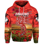 St. George Illawarra Dragons ANZAC 2022 Zip Up And Pullover Hoodie Poppy Flowers Vibes - Red LT8