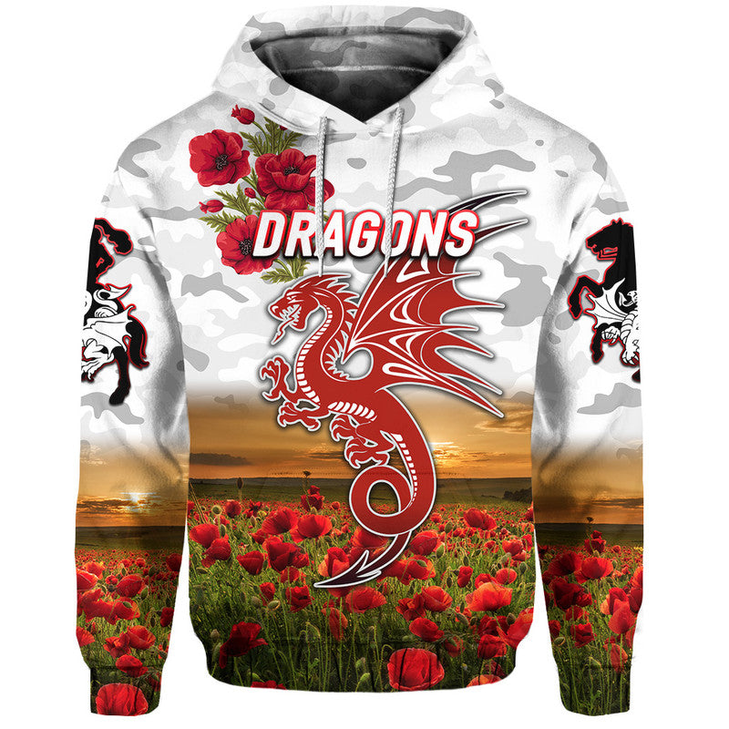 (Custom Personalised) St. George Illawarra Dragons ANZAC 2022 Zip Up And Pullover Hoodie Poppy Flowers Vibes - White LT8