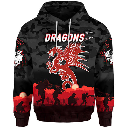 (Custom Personalised) St. George Illawarra Dragons ANZAC 2022 Zip Up And Pullover Hoodie Simple Style - Black LT8