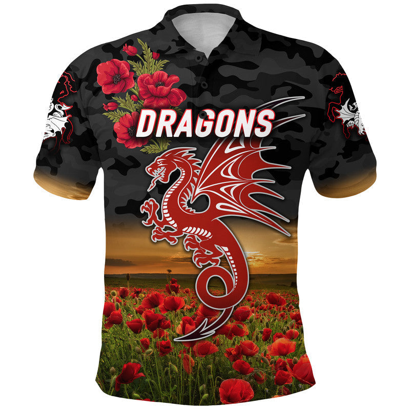 custom-personalised-dragons-anzac-polo-shirt-poppy-flowers-vibes-black