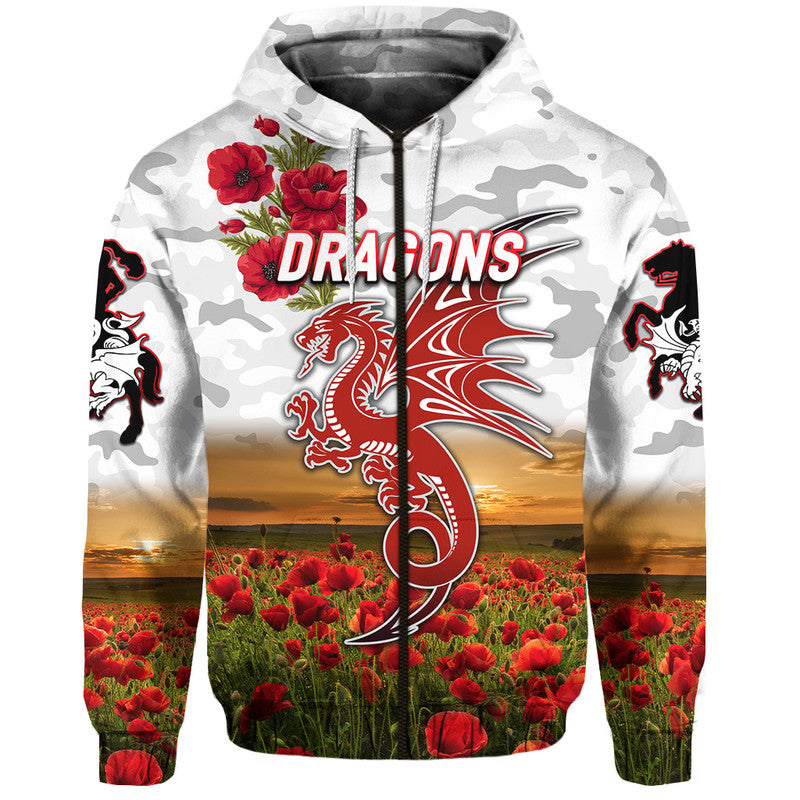 St. George Illawarra Dragons ANZAC 2022 Zip Up And Pullover Hoodie Poppy Flowers Vibes - White LT8