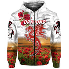 (Custom Personalised) St. George Illawarra Dragons ANZAC 2022 Zip Up And Pullover Hoodie Poppy Flowers Vibes - White LT8