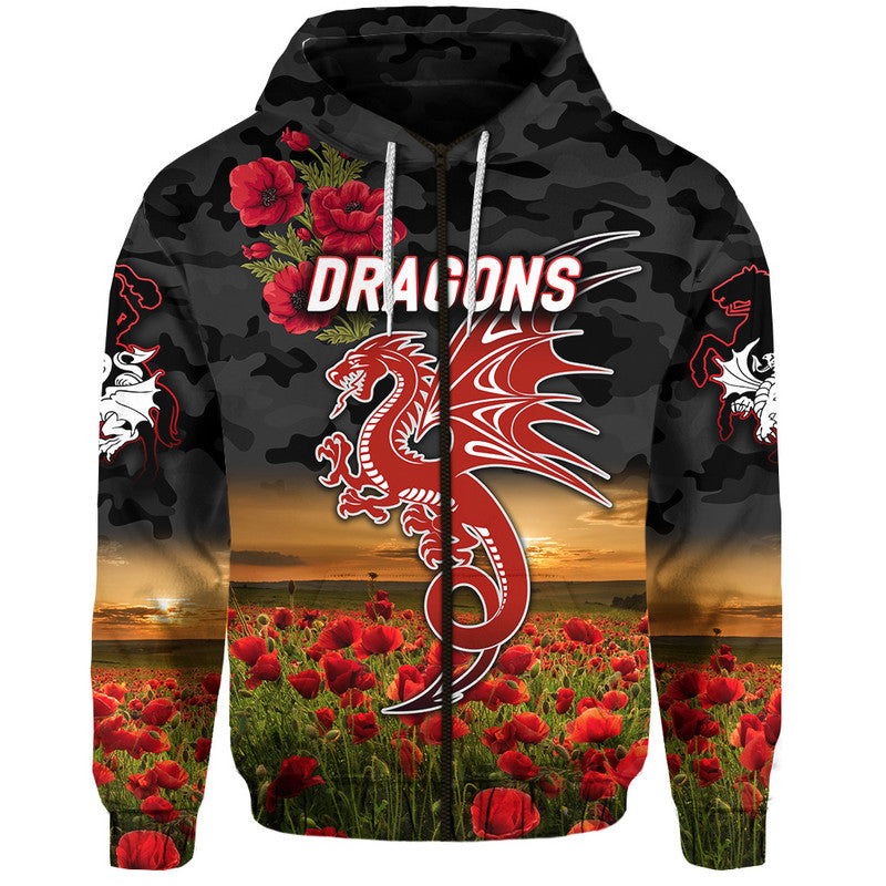 St. George Illawarra Dragons ANZAC 2022 Zip Up And Pullover Hoodie Poppy Flowers Vibes - Black LT8