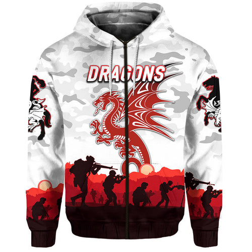 (Custom Personalised) St. George Illawarra Dragons ANZAC 2022 Zip Up And Pullover Hoodie Simple Style - White LT8