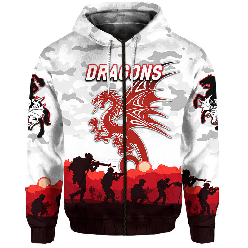 St. George Illawarra Dragons ANZAC 2022 Zip Up And Pullover Hoodie Simple Style - White LT8