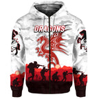 St. George Illawarra Dragons ANZAC 2022 Zip Up And Pullover Hoodie Simple Style - White LT8