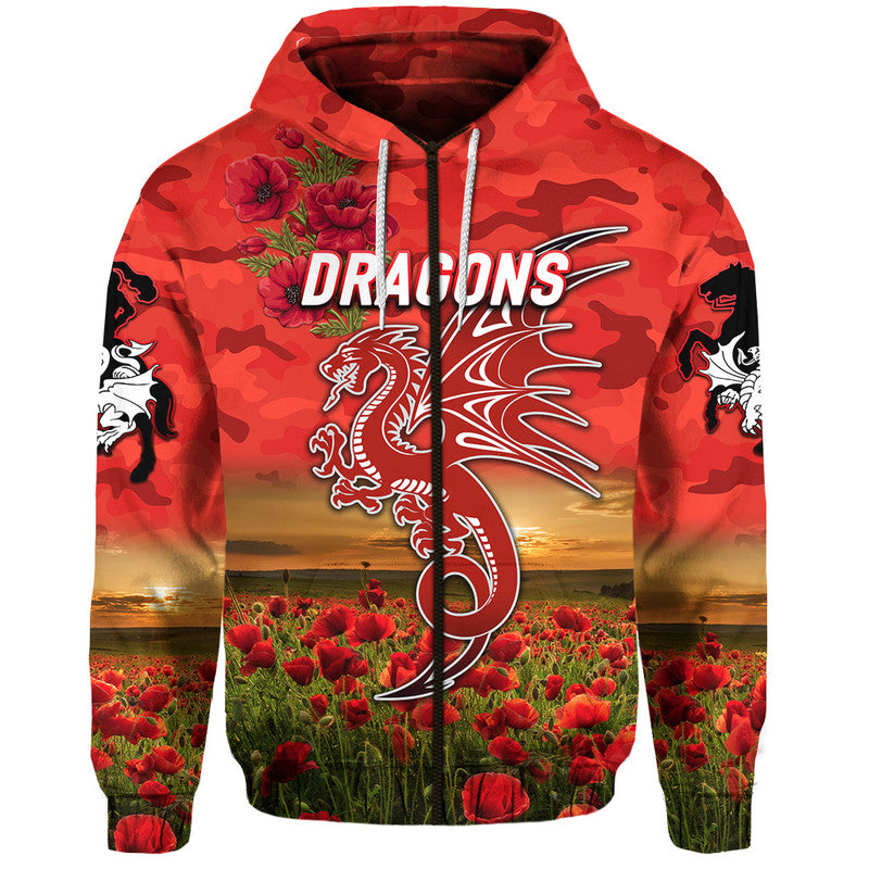 St. George Illawarra Dragons ANZAC 2022 Zip Up And Pullover Hoodie Poppy Flowers Vibes - Red LT8