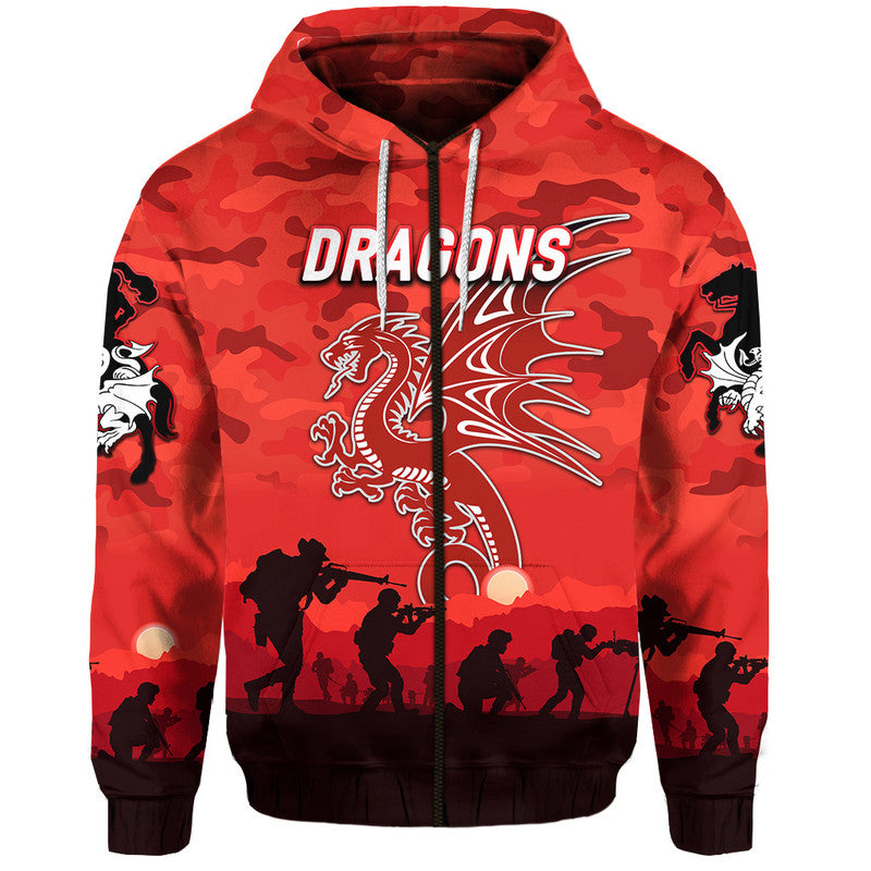 St. George Illawarra Dragons ANZAC 2022 Zip Up And Pullover Hoodie Simple Style - Red LT8