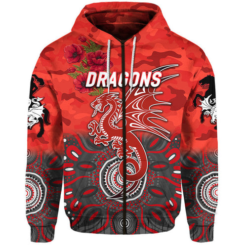 (Custom Personalised) St. George Illawarra Dragons ANZAC 2022 Zip Up And Pullover Hoodie Indigenous Vibes - Red LT8
