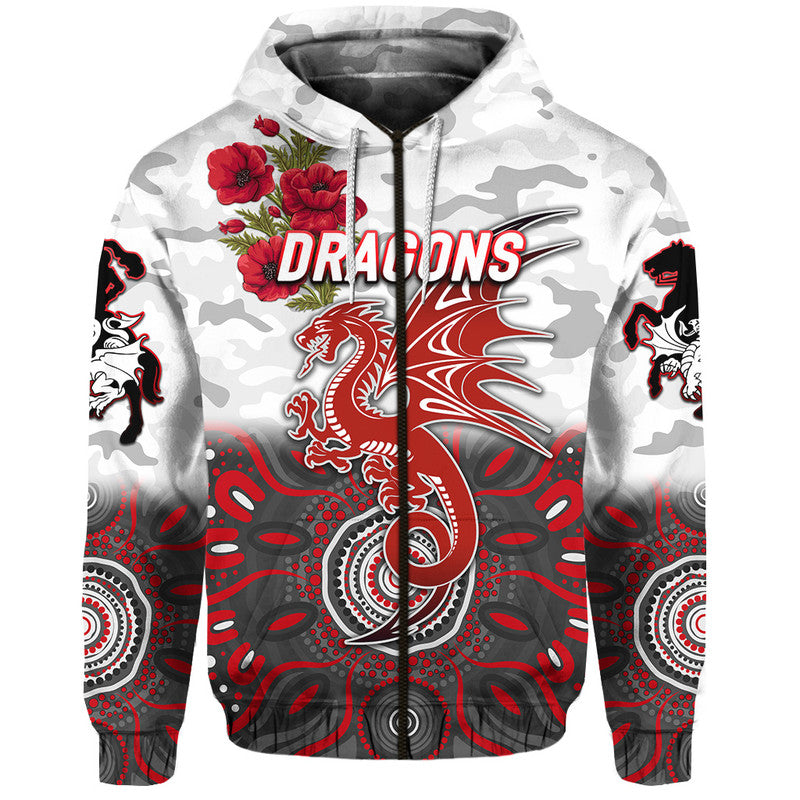 St. George Illawarra Dragons ANZAC 2022 Zip Up And Pullover Hoodie Indigenous Vibes - White LT8