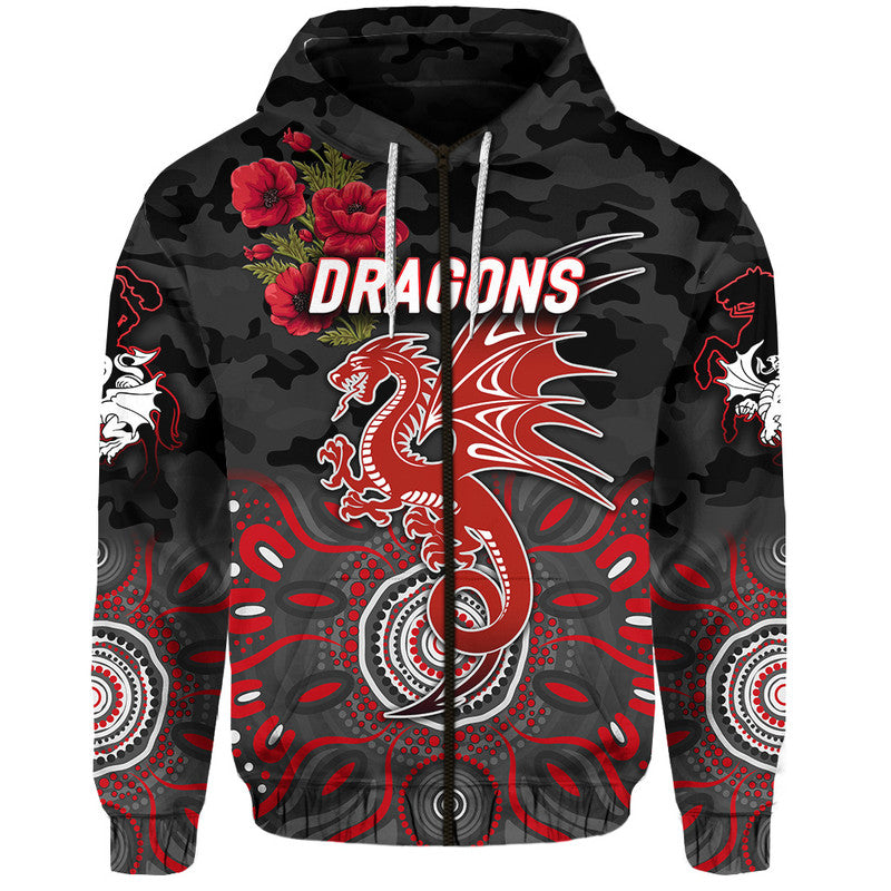 (Custom Personalised) St. George Illawarra Dragons ANZAC 2022 Zip Up And Pullover Hoodie Indigenous Vibes - Black LT8