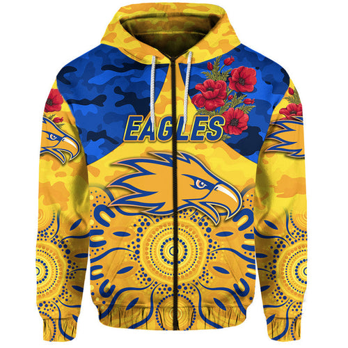 West Coast Eagles ANZAC Zip Up And Pullover Hoodie Indigenous Vibes - Gold  LT8