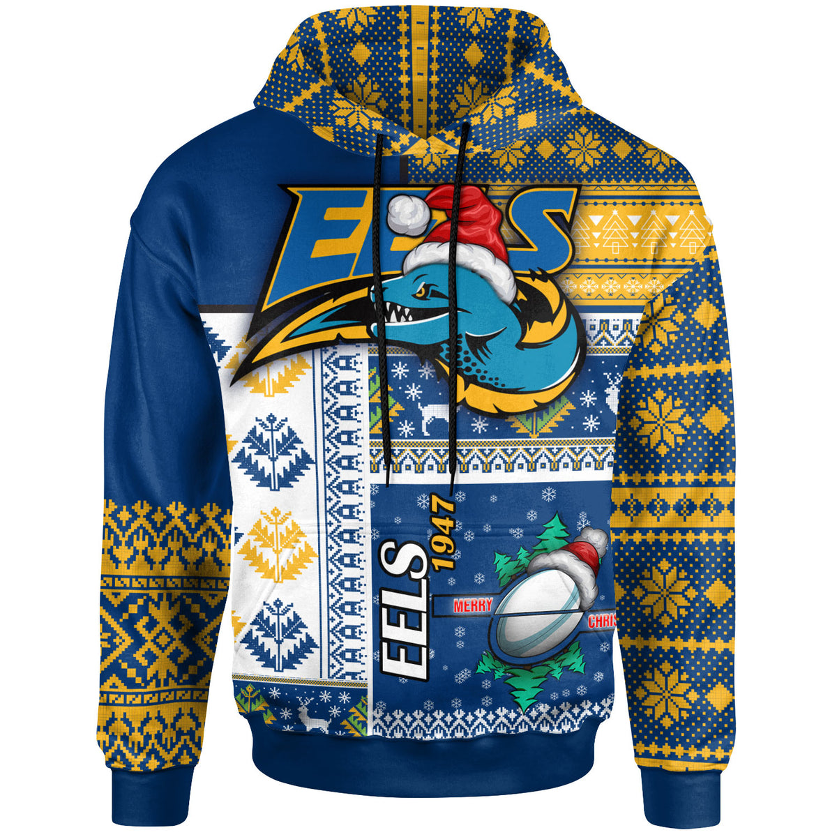 eels-rugby-hoodie-custom-christmas-snowflakes-eels-mascot-hoodie