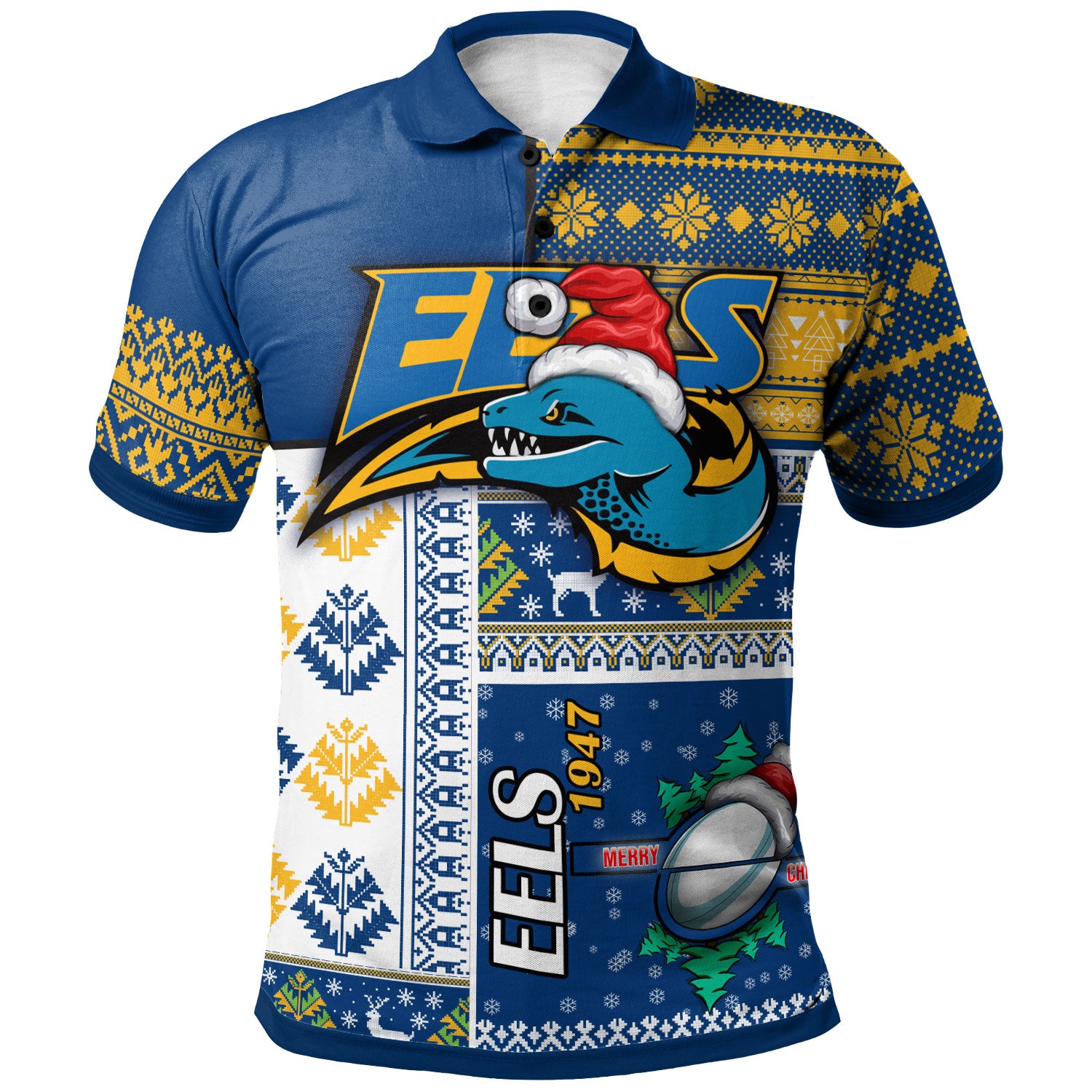 eels-rugby-polo-shirt-custom-christmas-snowflakes-eels-mascot-polo-shirt