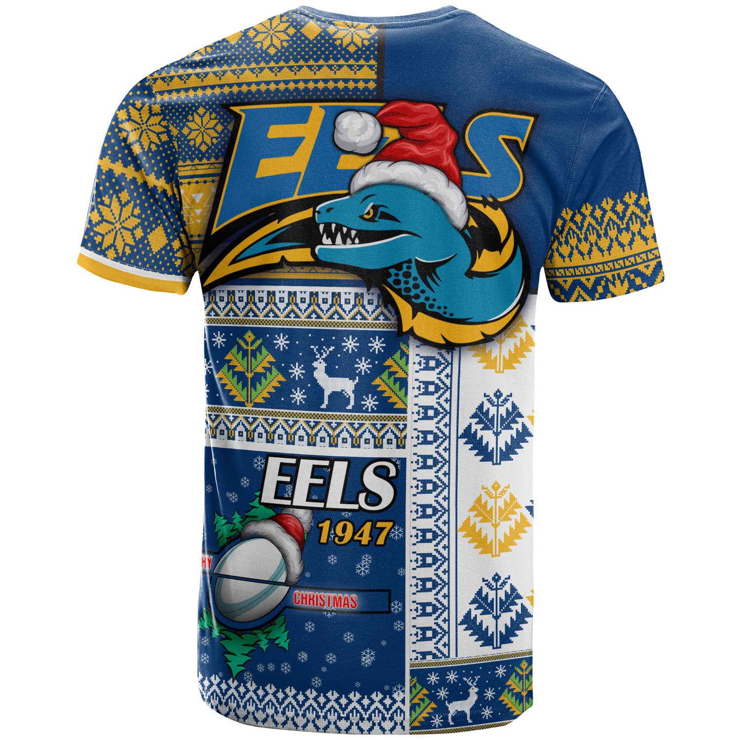 eels-rugby-t-shirt-custom-christmas-snowflakes-eels-mascot-t-shirt