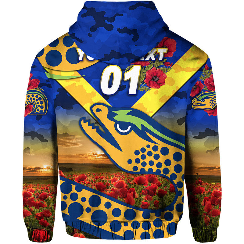 (Custom Personalised) Parramatta Eels ANZAC 2022 Zip Up And Pullover Hoodie Poppy Flowers Vibes - Blue LT8