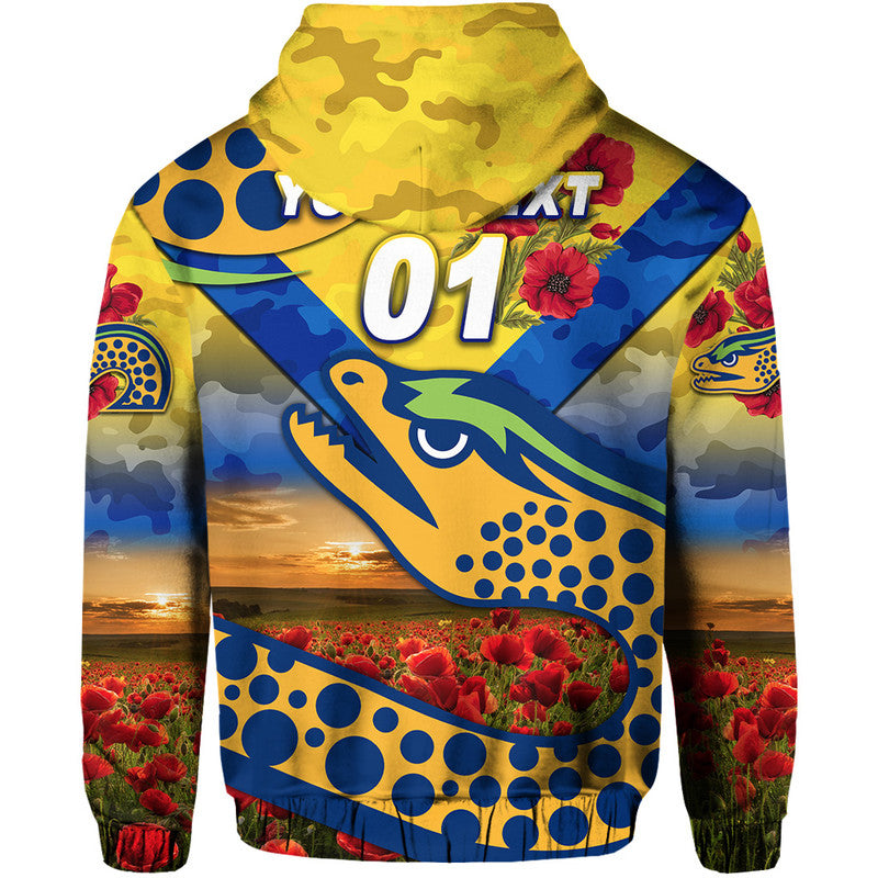 (Custom Personalised) Parramatta Eels ANZAC 2022 Zip Up And Pullover Hoodie Poppy Flowers Vibes - Gold LT8