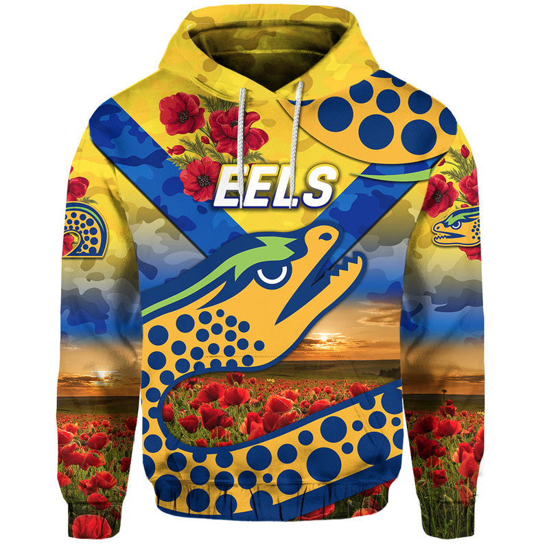 (Custom Personalised) Parramatta Eels ANZAC 2022 Zip Up And Pullover Hoodie Poppy Flowers Vibes - Gold LT8