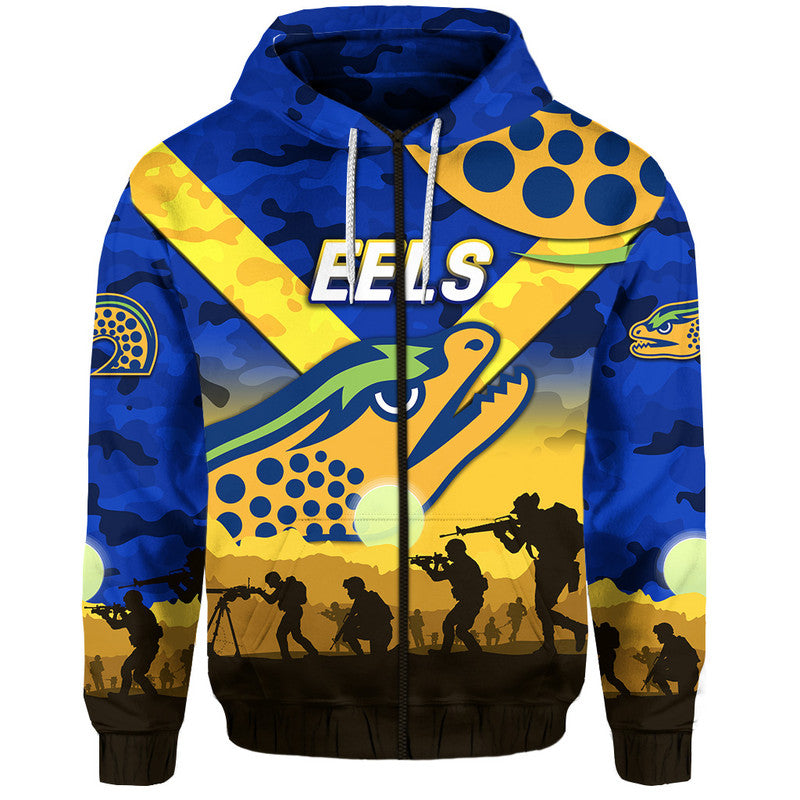 (Custom Personalised) Parramatta Eels ANZAC 2022 Zip Up And Pullover Hoodie Simple Style - Blue LT8