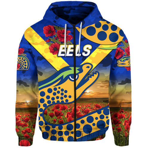 (Custom Personalised) Parramatta Eels ANZAC 2022 Zip Up And Pullover Hoodie Poppy Flowers Vibes - Blue LT8