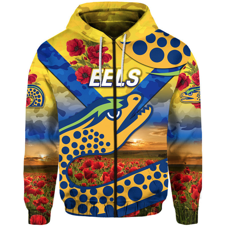 (Custom Personalised) Parramatta Eels ANZAC 2022 Zip Up And Pullover Hoodie Poppy Flowers Vibes - Gold LT8