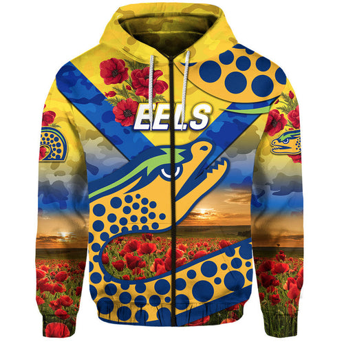 (Custom Personalised) Parramatta Eels ANZAC 2022 Zip Up And Pullover Hoodie Poppy Flowers Vibes - Gold LT8