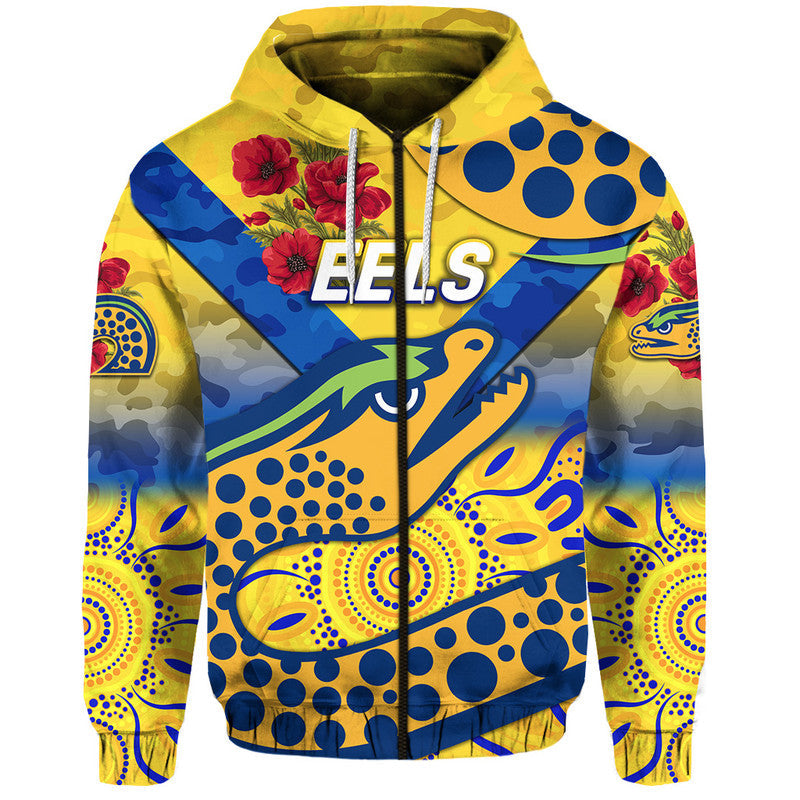 (Custom Personalised) Parramatta Eels ANZAC 2022 Zip Up And Pullover Hoodie Indigenous Vibes - Gold LT8