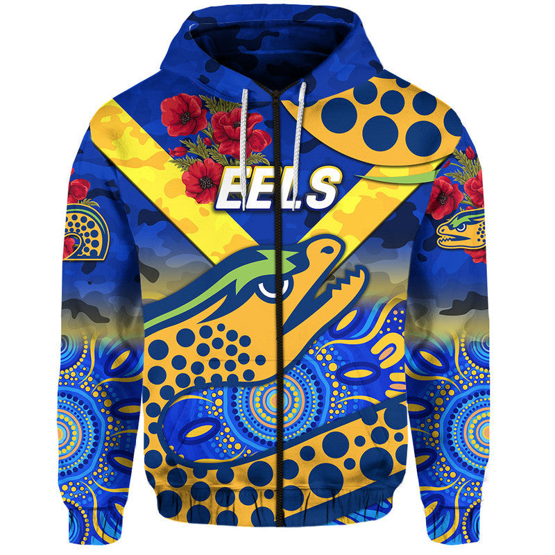 Parramatta Eels ANZAC 2022 Zip Up And Pullover Hoodie Indigenous Vibes - Blue LT8