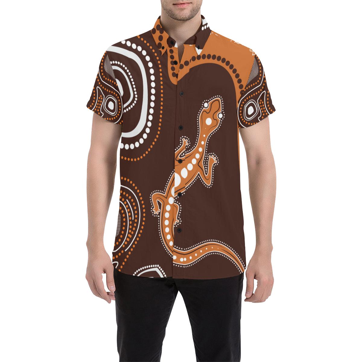 aboriginal-short-sleeve-shirt-brown-lizard-dot-painting-art