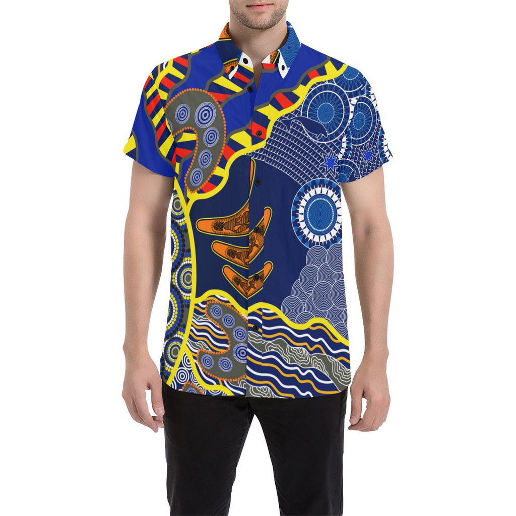 aboriginal-short-sleeve-shirt-blue-boomerang-dot-painting-art