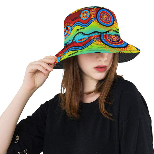 aboriginal-bucket-hat-dot-painting-indigenous-circle-patterns-blue-dream-all-over-print-bucket-hat