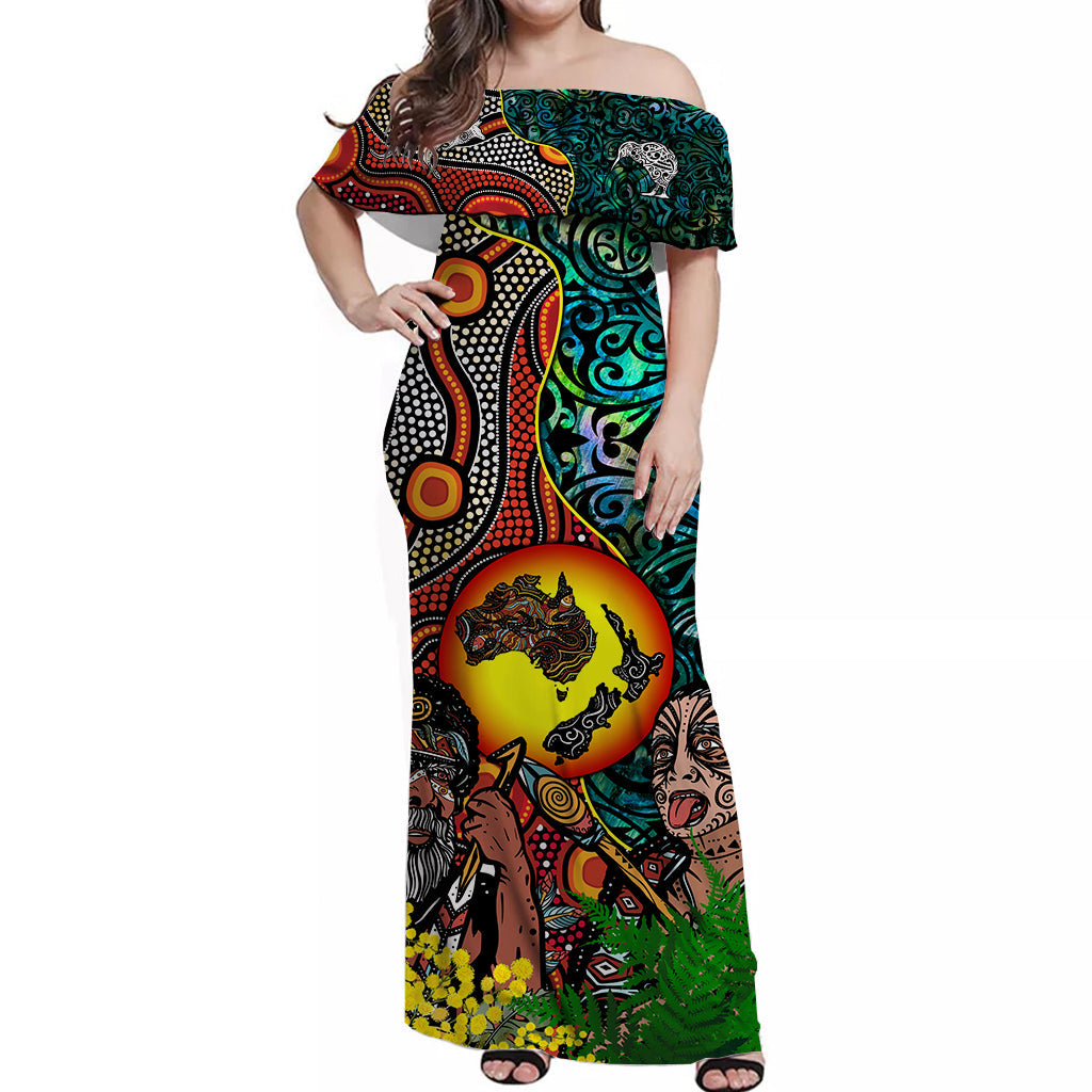 Australia Aboriginal Kangaroo Combine New Zealand Maori Kiwi Bird Off Shoulder Long Dress - LT2