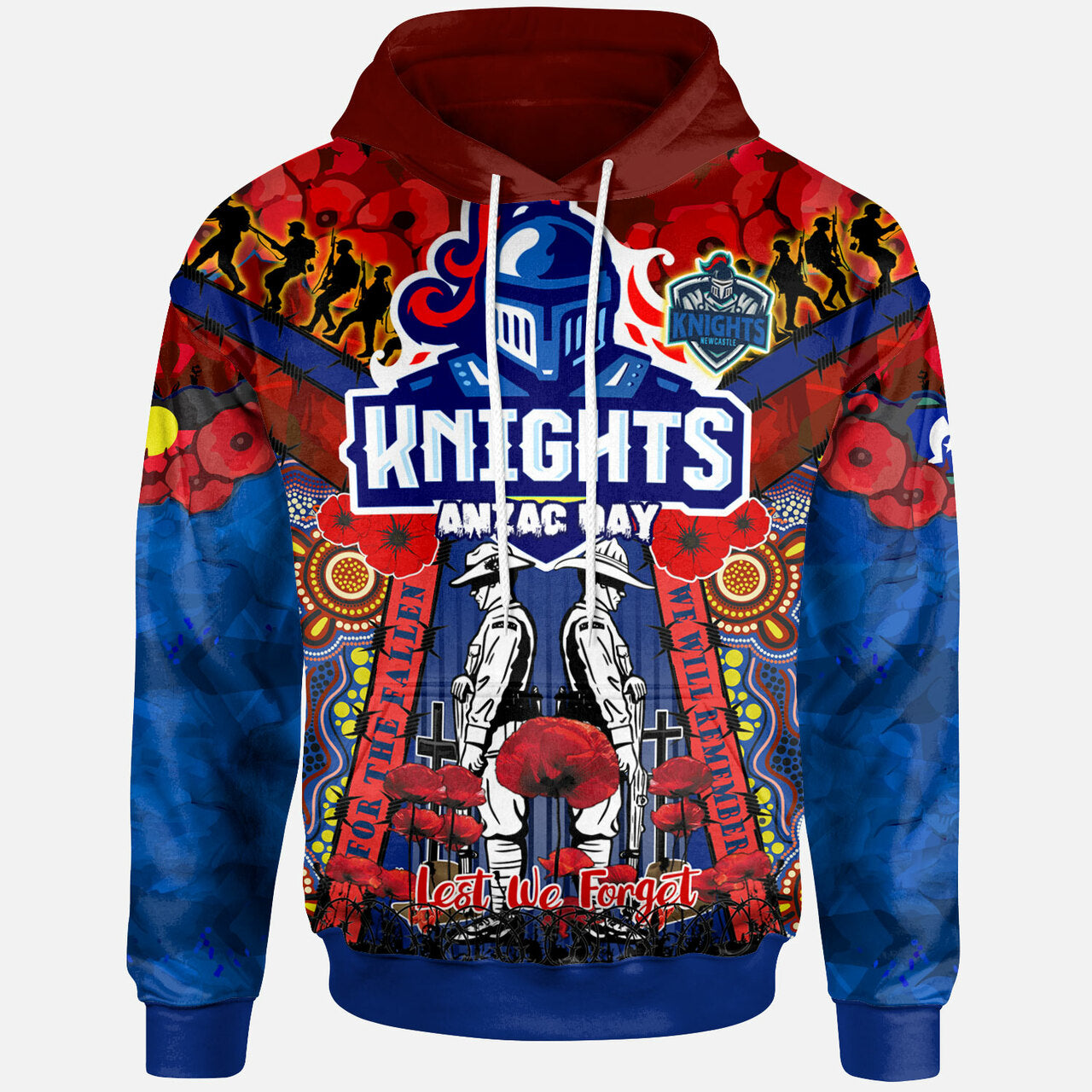 knights-rugby-anzac-custom-watercolour-hoodie-remembrance-indigenous-newcastle-knights-with-poppy-flower
