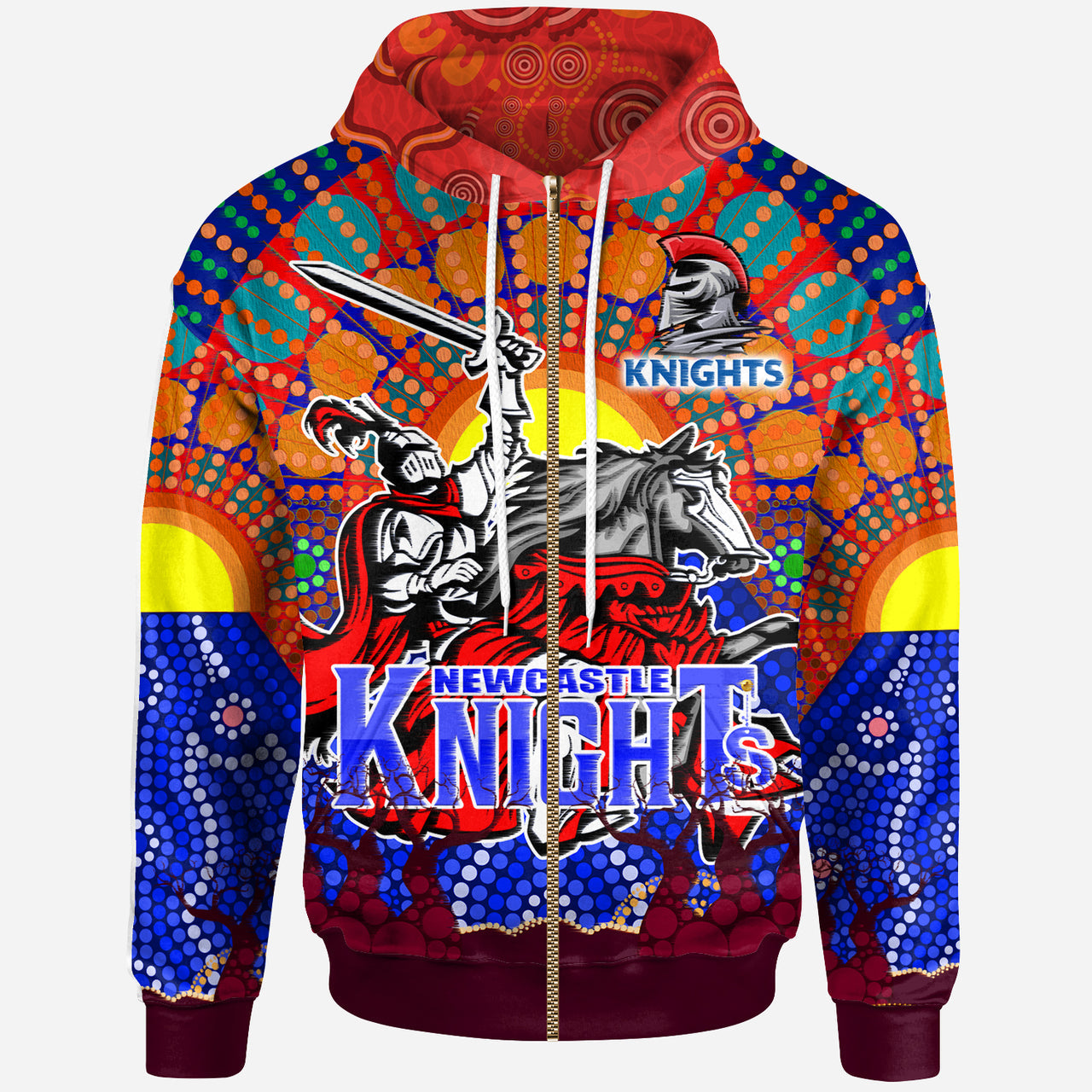 knights-rugby-custom-hoodie-the-indigenous-knights-watercolor-dot-painting-with-aboriginal-sun