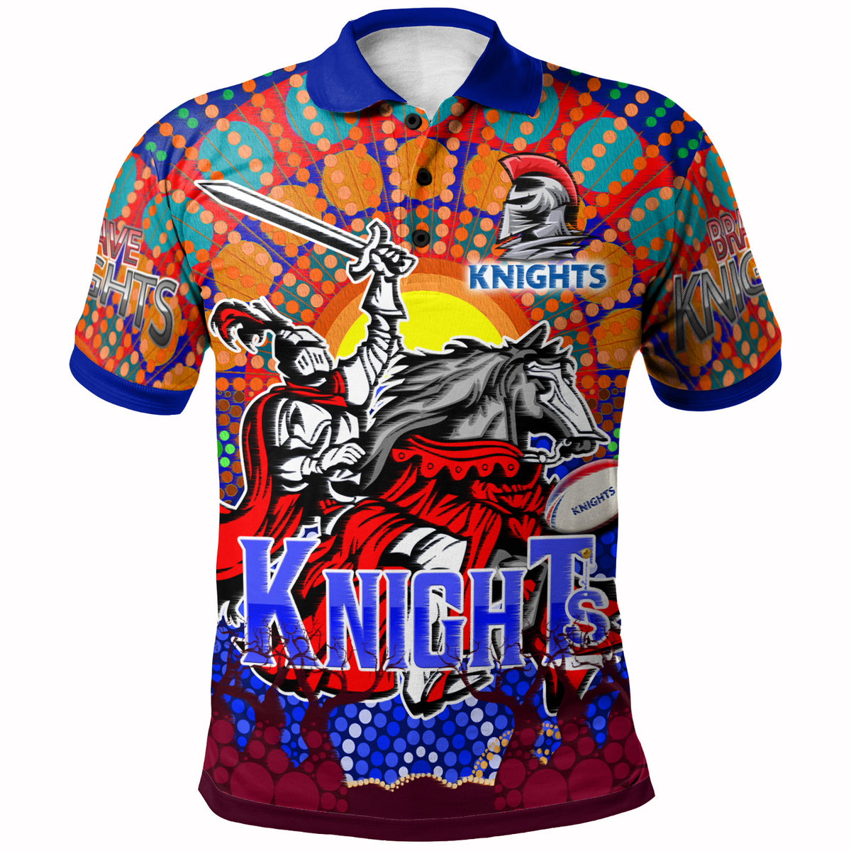 knights-rugby-polo-shirt-custom-indigenous-knights-with-rugby-ball-and-sun-watercolor-dot-painting-polo-shirt