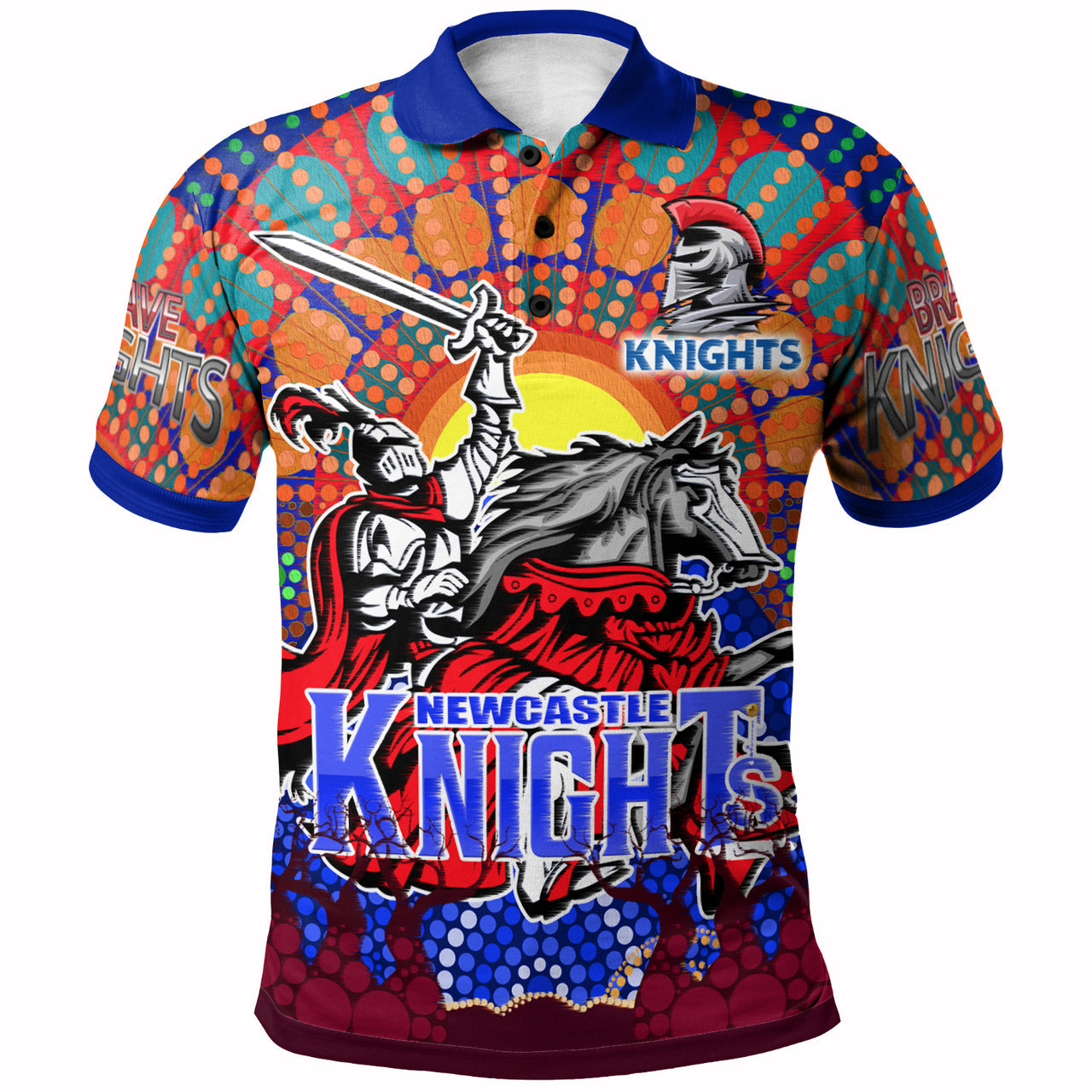 knights-rugby-custom-polo-shirt-the-indigenous-knights-watercolor-dot-painting-with-aboriginal-sun