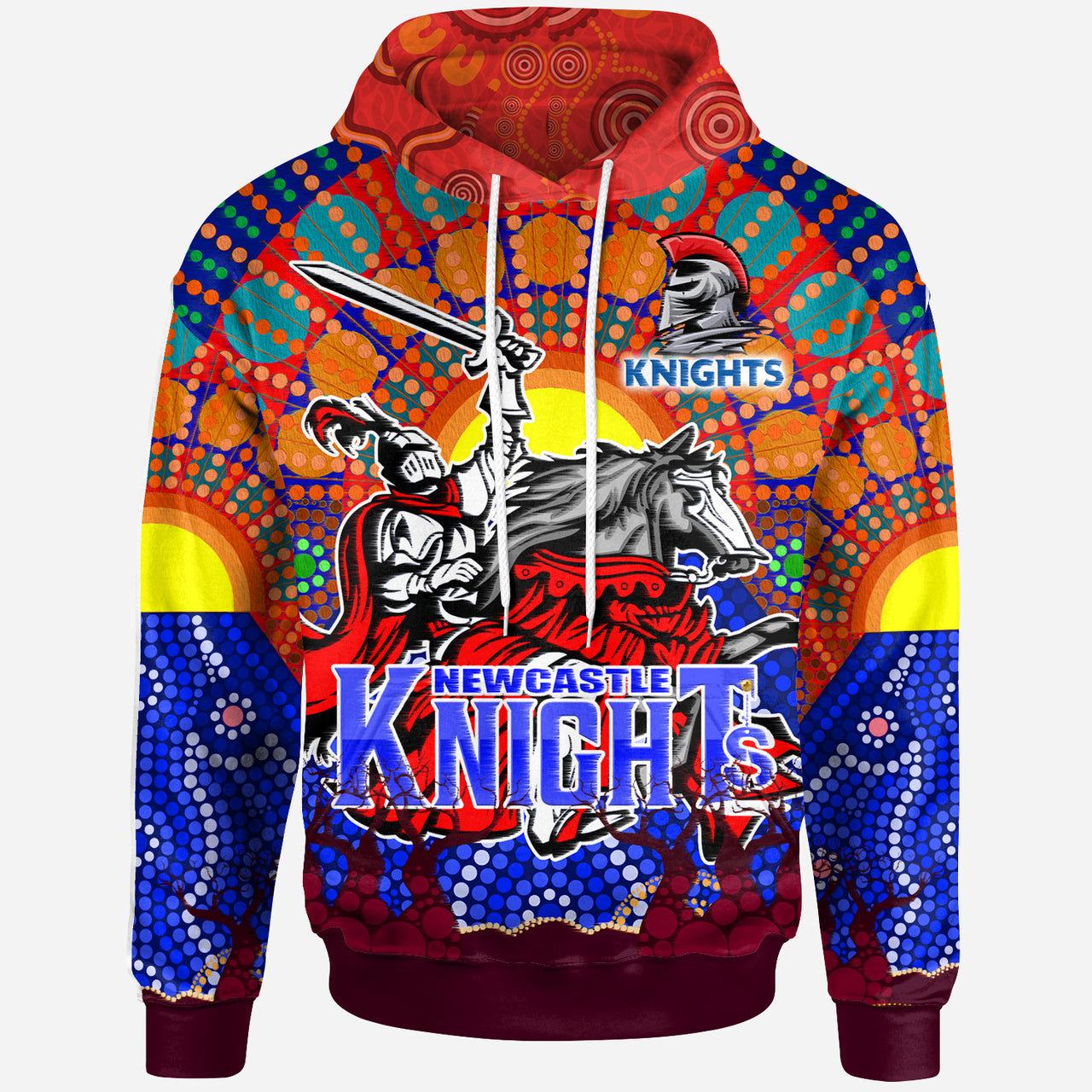 knights-rugby-custom-hoodie-the-indigenous-knights-watercolor-dot-painting-with-aboriginal-sun