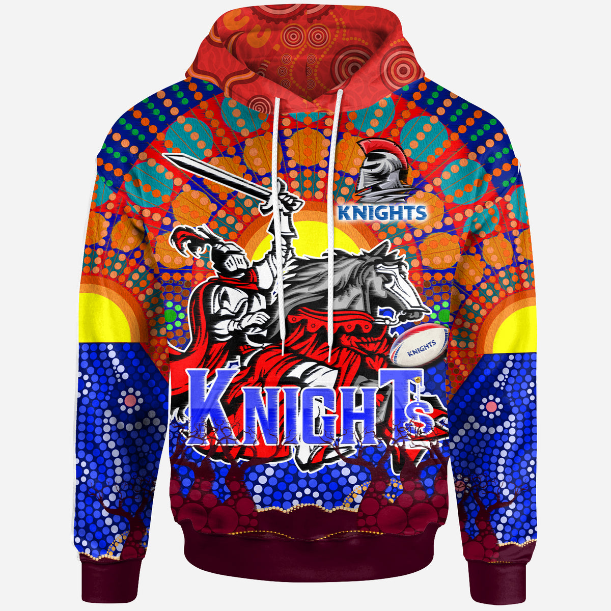 knights-rugby-hoodie-custom-indigenous-knights-with-rugby-ball-and-sun-watercolor-dot-painting-hoodie