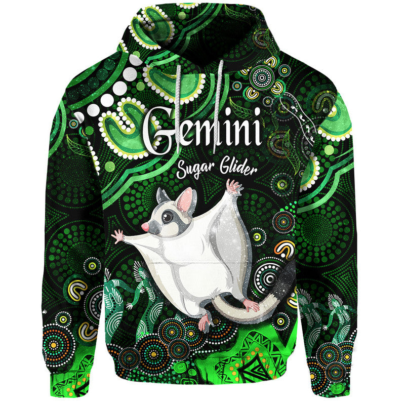 australian-astrology-zip-up-and-pullover-hoodie-gemini-sugar-glider-zodiac-aboriginal-vibes-green