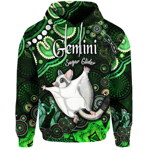 australian-astrology-zip-up-and-pullover-hoodie-gemini-sugar-glider-zodiac-aboriginal-vibes-green