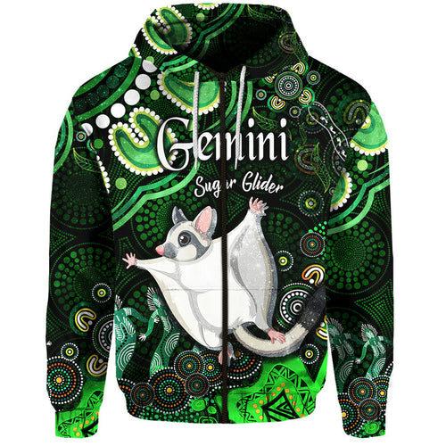 australian-astrology-zip-up-and-pullover-hoodie-gemini-sugar-glider-zodiac-aboriginal-vibes-green