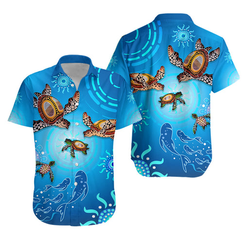 Australian Aboriginal Hawaiian Shirt Happy Turtle Family Version Blue - Vibe Hoodie