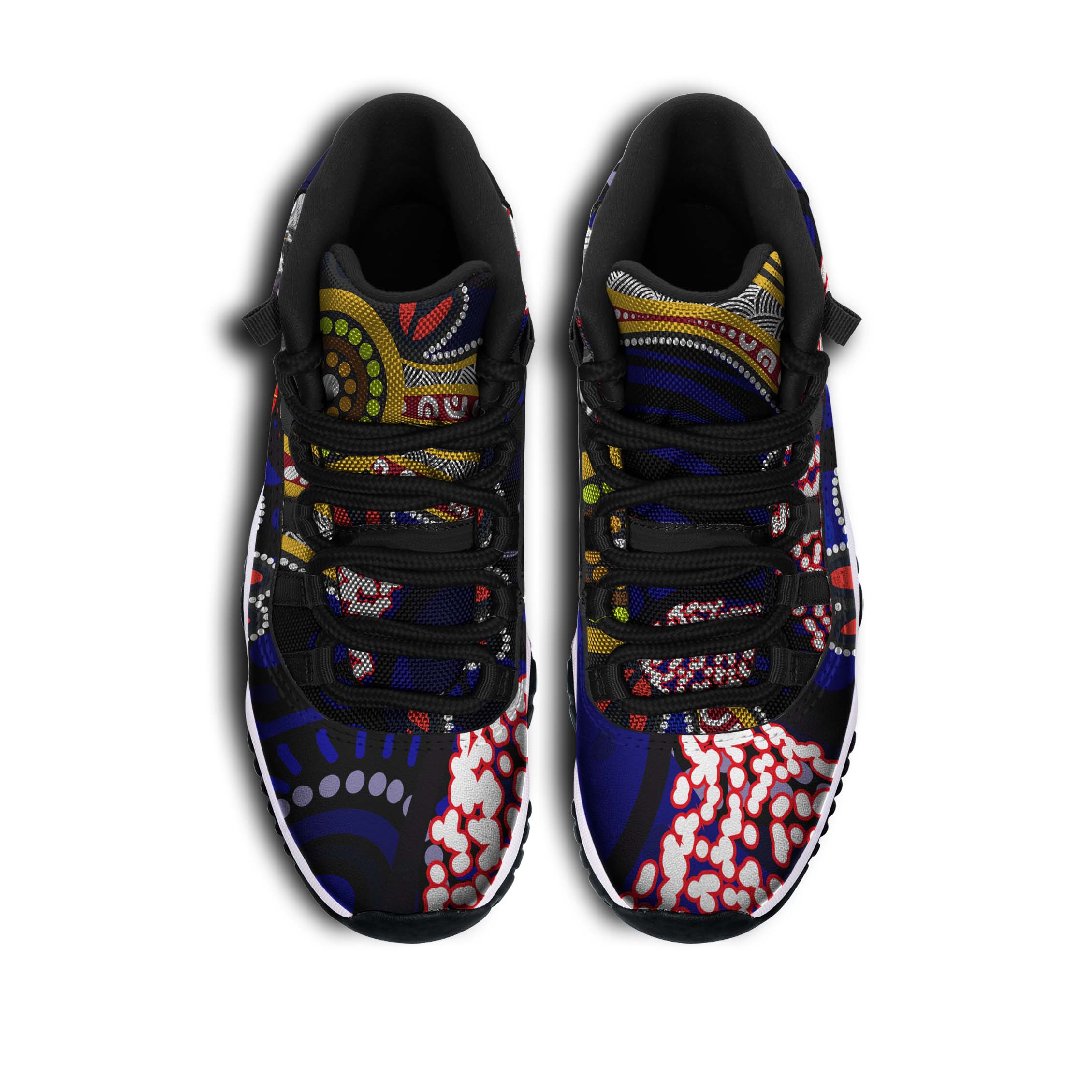 rooster-rugby-high-top-basketball-shoes-j11-angry-rooster-rugby-with-aboriginal-indigenous-dot-painting-style-sneakers-j11
